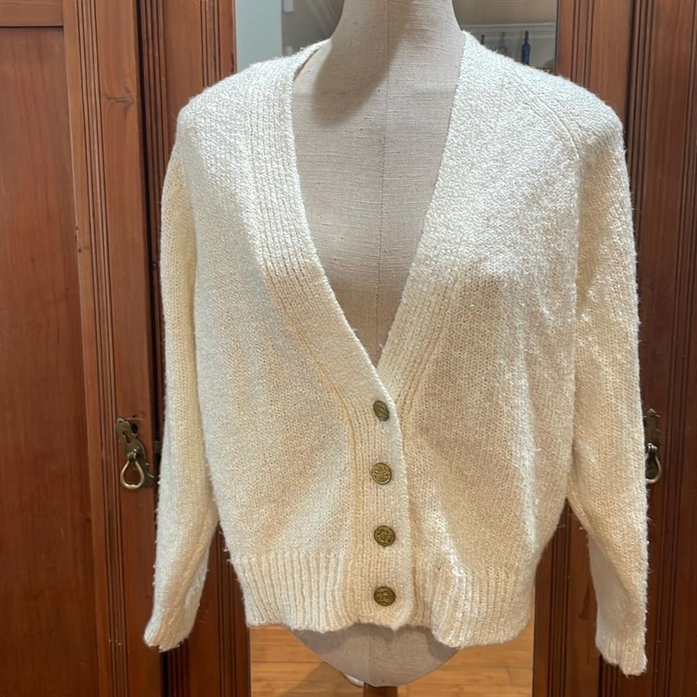 Vintage OHI sweater chunky knit button-down cardigan V-neck white womens size M